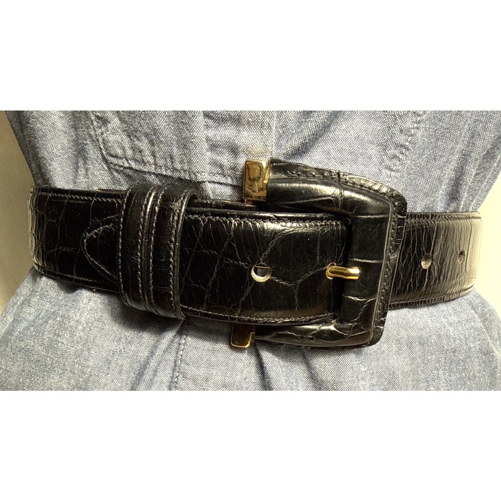 Joan & David Belt Black Leather Women's Small Alligator Embossed Gold Hardware